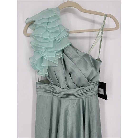 Mac Duggal Size 0 Sage Green Asymmetric Ruffled Satin High-Low Prom Gown Dress - Picture 5 of 10